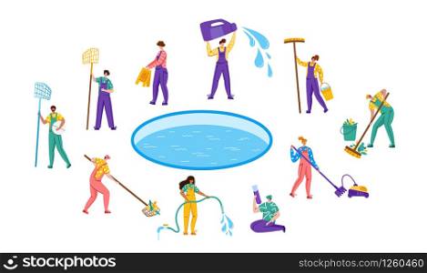 Pool maintenance or cleaning service, set of people in uniform, cleaning team and products for swimming pool, workers with equipment - test water, net, broom, flat vector for website, landing, banner. swimming pool searvcice flat concept
