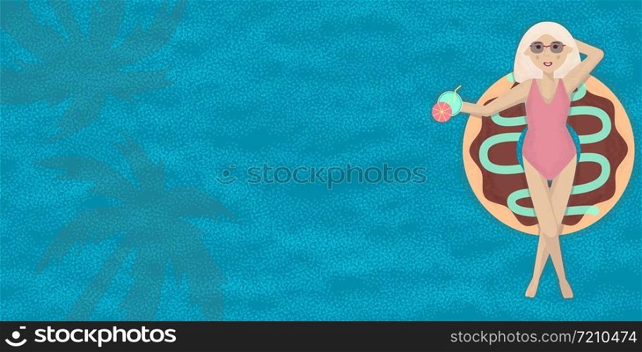 Pool party background. Summer water activities. Scene with blonde girl holds cocktail on a inflatable pool ring. Top view. Beach or pool banner, poster design. Pool party background. Scene with girl holds cocktail on a inflatable pool ring. Top view.