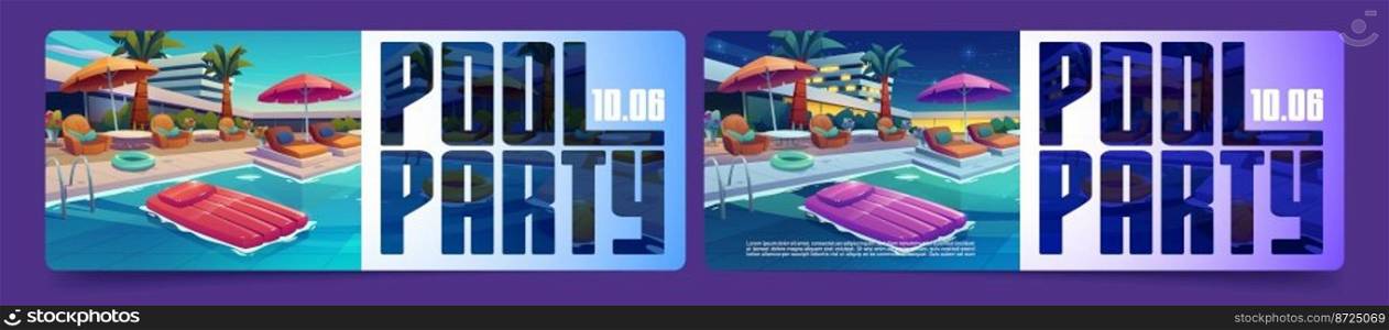 Pool party banners, invitation for resort event, cartoon flyer templates with inflatable mattress floating in water at hotel recreational area. Summer holidays, vacation relax, Vector illustration. Pool party banners, invitation for resort event