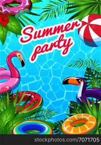 Pool party card. Swim summer inflatable toys poster fun tropical beach flyer lifesaver equipment children sea, cartoon vector banner. Pool party card. Swim summer inflatable toys poster fun tropical beach flyer lifesaver equipment children sea
