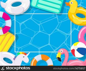 Pool party frame with pool floats on swimming pool background - Vector illustration