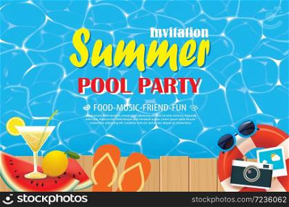 Pool party invitation poster with blue water and wooden. Vector summer illustration.