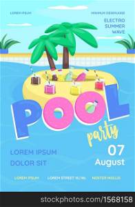 Pool party poster flat vector template. Swimming pool party for adults, students. Electro summer wave. Brochure, booklet one page concept design with cartoon objects. Seaside resort flyer, leaflet. Pool party poster flat vector template