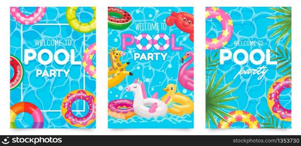 Pool party poster. Welcome to pool party flyer with swimming pool, floating rings and tropical leaves vector set. Pool summer party, poster or banner illustration. Pool party poster. Welcome to pool party flyer with swimming pool, floating rings and tropical leaves vector set