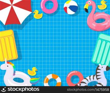 Pool party template with pool floats on swimming pool background - Vector illustration