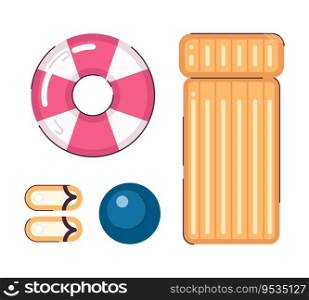 Pool set flat concept vector spot illustration. Summer sandals, ball, lifebelt and inflatable mattress 2D cartoon objects on white for web UI design. Isolated editable creative image. Pool set flat concept vector spot illustration