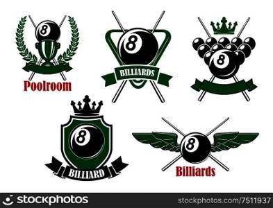 Pool, snooker and billiards game icons with black balls, crossed cues, triangle rack, trophy, crowns and wings, decorated by heraldic shield, wreath and ribbon banners. Pool, snooker and billiards game icons