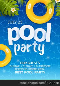 Pool summer party invitation banner flyer design. Water and palm inflatable yellow mattress. Pool party template poster.. Pool summer party invitation banner flyer design. Water and palm inflatable yellow mattress. Pool party template poster