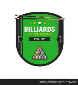 Pool table icon, billiards sport or snooker game club vector emblem. Billiards tournament badge or poolroom championship game sign with 8 eight balls, cues and victory stars on table. Pool table icon, billiards sport or snooker game