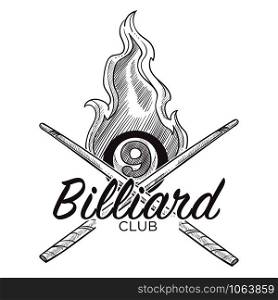 Poolroom billiard logo monochrome sketch outline vector. Sport game, tournament and entertainment. Royal kind of gambling, play with balls and cue, hobby and mens leisure. Poolroom logo monochrome sketch outline vector illustration.