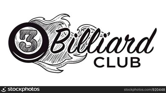 Poolroom logo monochrome sketch outline vector. Sport game, tournament and entertainment. Royal kind of gambling, billiard play with balls and cue, hobby and mens leisure. Poolroom logo monochrome sketch outline vector illustration.