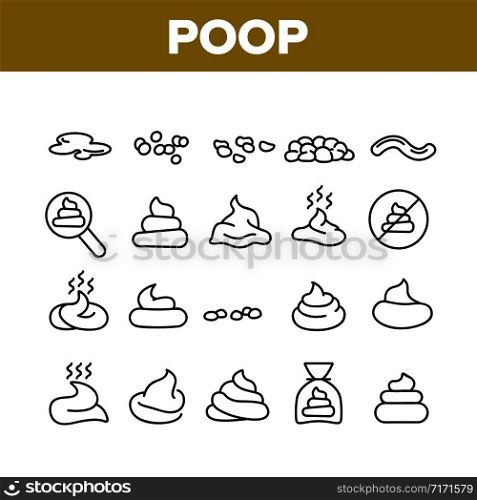 Poop Excrement Pile Collection Icons Set Vector Thin Line. Smell Poop In Different Form, In Bag And Crossed Mark, Research Magnifier Concept Linear Pictograms. Monochrome Contour Illustrations. Poop Excrement Pile Collection Icons Set Vector