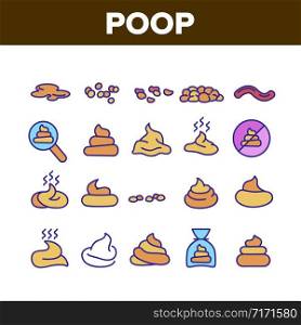 Poop Excrement Pile Collection Icons Set Vector Thin Line. Smell Poop In Different Form, In Bag And Crossed Mark, Research Magnifier Concept Linear Pictograms. Color Contour Illustrations. Poop Excrement Pile Collection Icons Set Vector