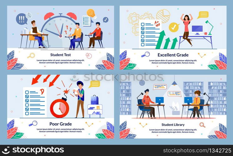 Poor Excellent Grade, Student Test and Library. Teacher Looks at Students against Background Large Alarm Clock. Guy and Girl are Sitting Library at Laptop and Reading Books. Vector Illustration.