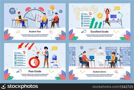 Poor Excellent Grade, Student Test and Library. Teacher Looks at Students against Background Large Alarm Clock. Guy and Girl are Sitting Library at Laptop and Reading Books. Vector Illustration.