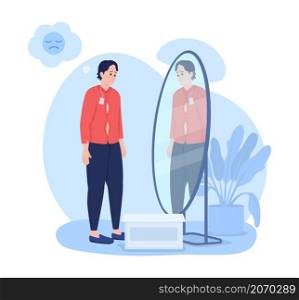 Poor fitted clothing 2D vector isolated illustration. Looking in mirror on tight clothes. Upset man in bad outfit flat characters on cartoon background. Cons of online shopping colourful scene. Poor fitted clothing 2D vector isolated illustration