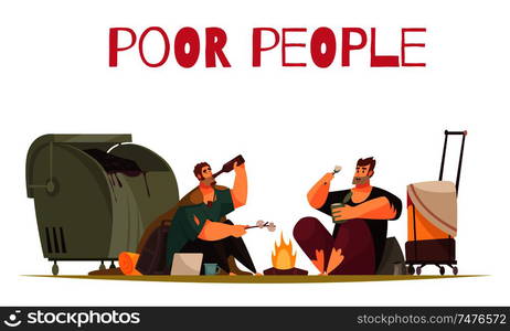 Poor homeless men gathering bottles food in garbage can cooking on open fire flat composition vector illustration