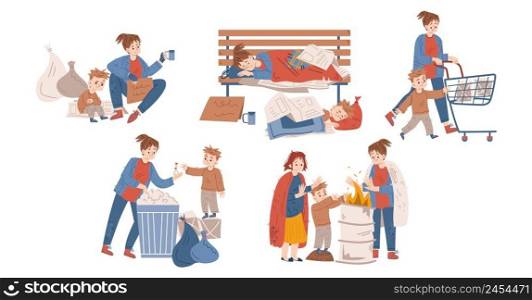 Poor homeless people live on city street, sleep on bench, begging money. Concept of poverty, problems of beggars, refugee, jobless. Vector flat illustration of sad needy woman and boy. Poor homeless people begging on street