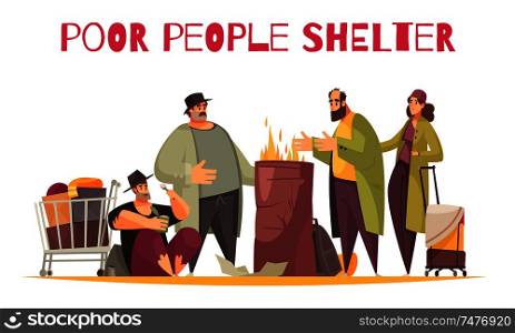 Poor homeless shelter outdoor flat comic composition with people burning fire surviving cold on street vector illustration