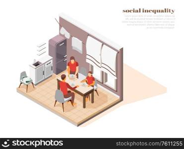 Poor hungry family eating very small dinner isometric composition 3d vector illustration