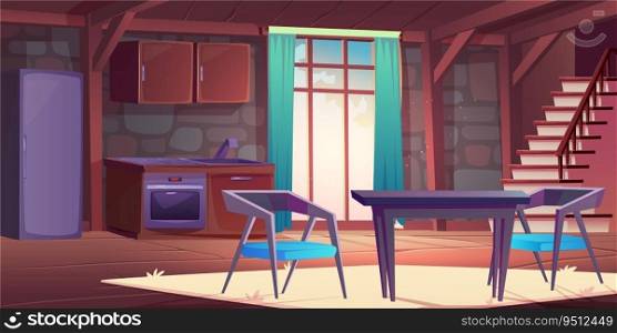 Poor kitchen interior with old furniture. Vector cartoon illustration of dining room in cottage house, empty wooden table and chairs on carpet, fridge and electric oven, staircase, day light in window. Poor kitchen interior with old furniture