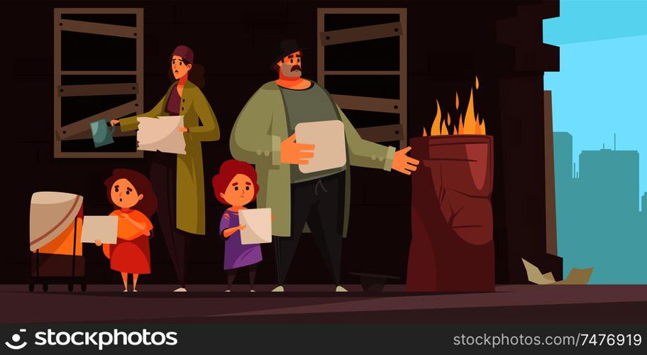 Poor man family with 2 little kids begging foor food money on street flat horizontal vector illustration