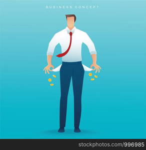 poor man showing his empty pockets on blue background vector illustration EPS10