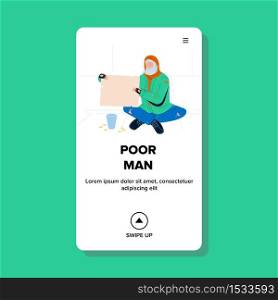 Poor Man With Blank Cardboard Begging Money Vector. Poor Man Sitting On Urban Floor Near Cup And Scattered Coins. Character With Financial And Home Problem Web Flat Cartoon Illustration. Poor Man With Blank Cardboard Begging Money Vector