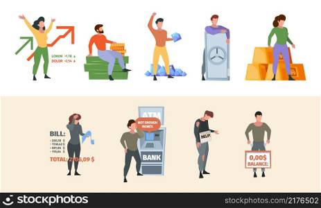 Poor millionaire. Business unhappy people growth money rich abundance financial opportunities problem with cash garish vector flat illustrations. Millionaire and poor businessman, beggar people rich. Poor millionaire. Business unhappy people growth money rich abundance financial opportunities problem with cash garish vector flat illustrations