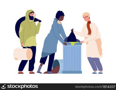 Poor people in trash can. Refugee problems, man woman find food or clothes. Homeless vector characters. Illustration people dirty and homeless, beggar homelessness. Poor people in trash can. Refugee problems, man woman find food or clothes. Homeless vector characters