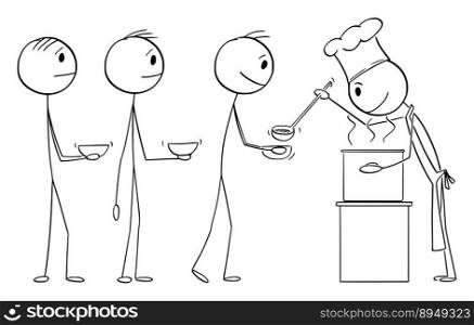 Poor people waiting in line for soup or food donation , vector cartoon stick figure or character illustration.. Poor People Waiting in Line For Food Donation, Vector Cartoon Stick Figure Illustration