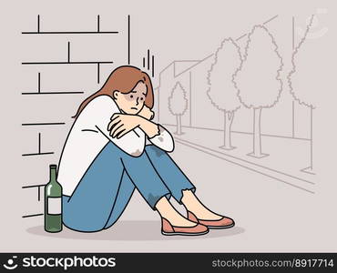 Poor young woman sit on ground on street suffer from alcoholic addiction. Unhappy female addict beg outdoors with wine bottle. Alcohol and bad habit. Vector illustration. . Female addict sit on ground with wine bottle 