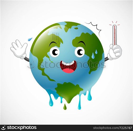 Poorly globe character scared of thermometer. global warming concept. illustration.