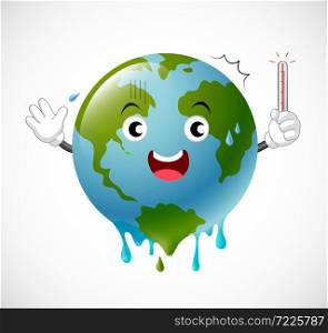 Poorly globe character scared of thermometer. global warming concept. illustration.