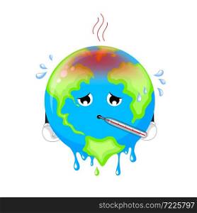 Poorly globe character with thermometer. Cartoon earth, global warming concept. illustration isolated on white background.