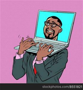Pop art african american businessman with laptop laptop instead of a head. An electronic device carrying a computer. Office work retro vector illustration 50s 60s style kitsch vintage. Pop art african american businessman with laptop laptop instead of a head. An electronic device carrying a computer. Office work