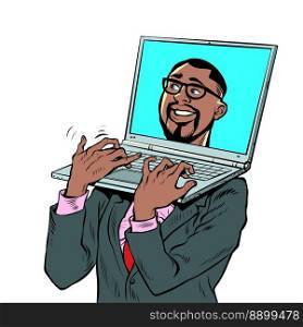 Pop art african american businessman with laptop laptop instead of a head. An electronic device carrying a computer. Office work retro vector illustration 50s 60s style kitsch vintage. Pop art african american businessman with laptop laptop instead of a head. An electronic device carrying a computer. Office work