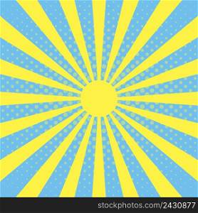 Pop art background with sun beam rays on a blue sky background, halftone effect, vector beam, the rays of sun blast, radiant shine, pop art vintage banner