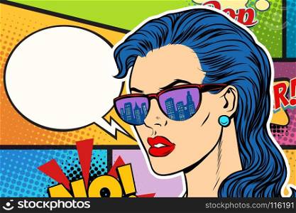 Pop art beautiful woman in sunglasses. Comic dialogue. retro vector illustration. Pop art beautiful woman in sunglasses