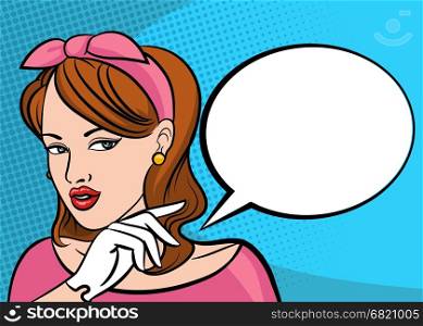Pop art beauty woman thinking and pointing finger on speech bubble. Retro vector illustration in comic style.