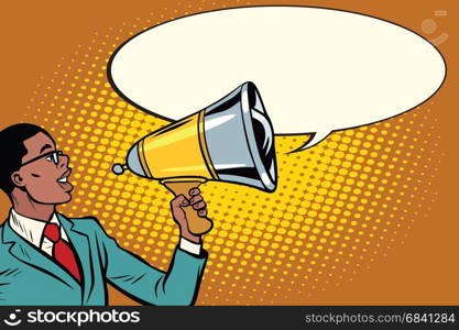 Pop art black businessman with a megaphone. Pop art retro vector illustration. Pop art black businessman with a megaphone