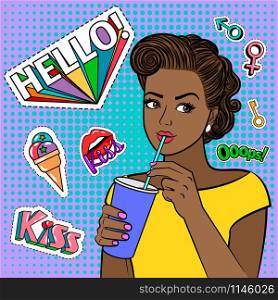 Pop art black girl with drink. Beautiful pretty comic woman holding paper cup, fashionable african american woman retro vector illustration. Pop art african girl with drink