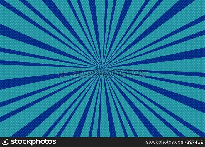 Pop art blue background with radial lines. Background with halftones for comics. Textured background with radial halftone lines for posters, comics and cartoons