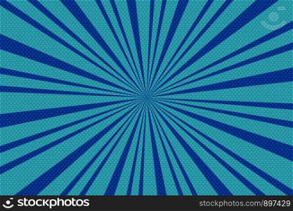 Pop art blue background with radial lines. Background with halftones for comics. Textured background with radial halftone lines for posters, comics and cartoons