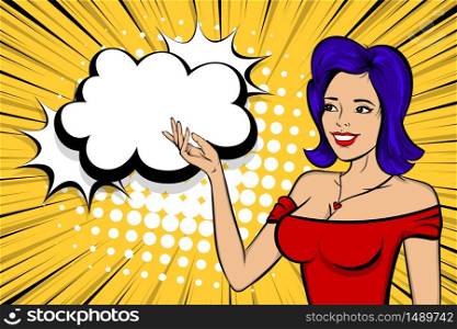 Pop art blue hair woman comic speech bubble modern style for text. Female cartoon character. Halftone background. Happy smiling girl face. Wow love fashion lady show hand.. Pop art woman retro girl happy face