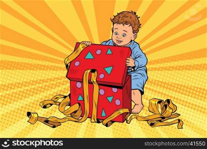Pop art boy opens the gift box, retro vector. Christmas and New year, birthday