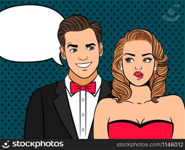 Pop art couple. Elegant man in love and doubting attractive woman in retro style vector illustration. Pop art couple