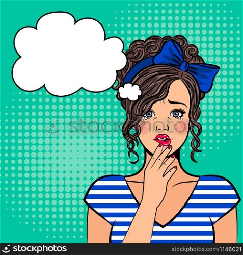 Pop art crying girl. Cry lady with tears on eyes, sad face and open mouth retro vector illustration. Pop art crying girl
