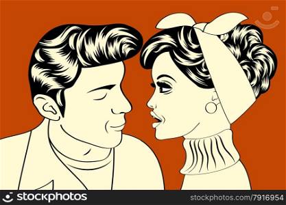 pop art cute retro couple in comics style, vector illustration
