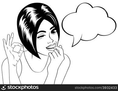 pop art cute retro woman in comics style in black and white , vector illustration
